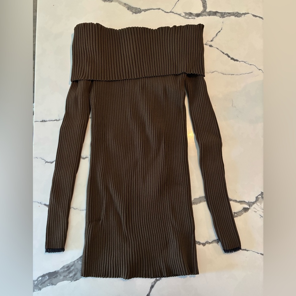 Brown Off-Shoulder Ribbed Sweater - Picture 2 of 6